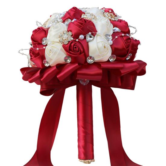 Свадебный букет для невесты. Искусственный атласный цветок. Свадебный букет со стразами. Искусственный жемчуг. Букет цветов для подружки невесты с ручкой.