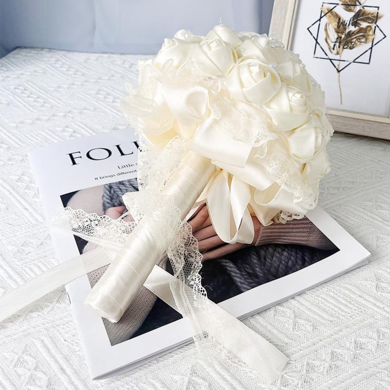 1 шт. Свадебный букет Свадебный букет для невесты Букет подружки невесты с бриллиантовым жемчугом Шелковый свадебный букет для свадебной вечеринки бежевый