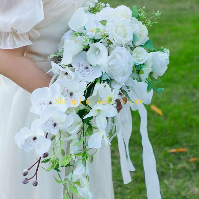 KX4B Свадебные букеты для невесты 24 Искусственный цветок розы Свадебный букет Каскадный China Mainland